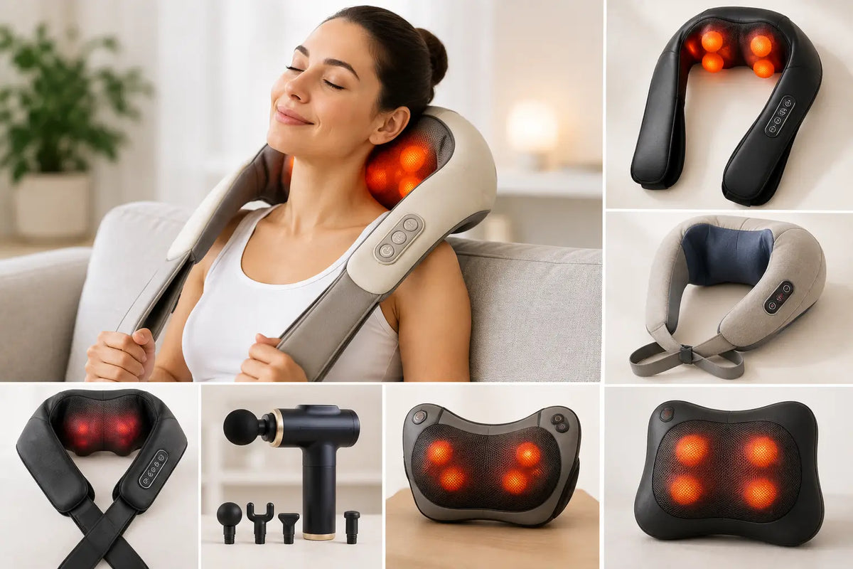 A woman using a heated neck and shoulder massager, surrounded by several neck, shoulder, and back massage devices for tension relief.