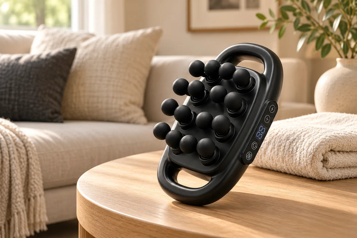 Jarixo 16 head massage gun with two handles on a wooden table beside a folded towel
