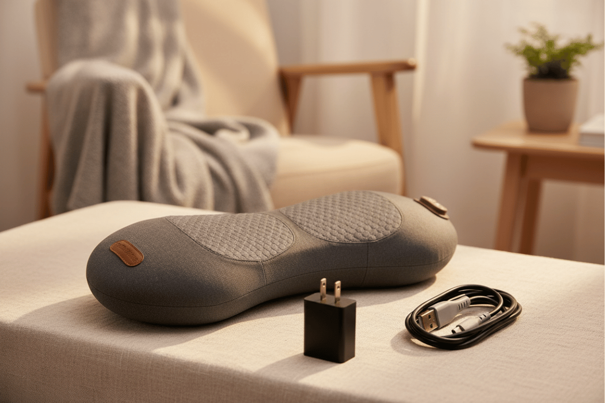 3-in-1 Back Massager Pillow with Heat and Vibration placed in a cozy home setting — perfect for office, car, and home use