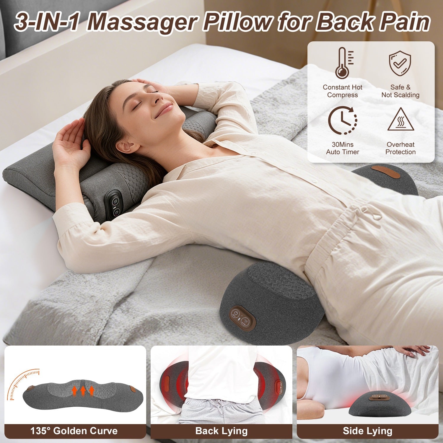 Woman using Jarixo 3-in-1 Back Massager Pillow for lower back pain and sciatica relief