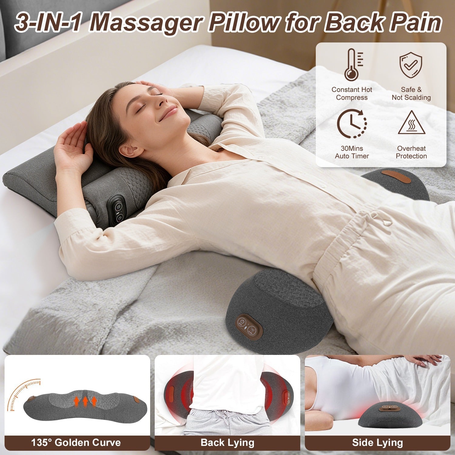 Woman using Jarixo 3-in-1 Back Massager Pillow for lower back pain and sciatica relief