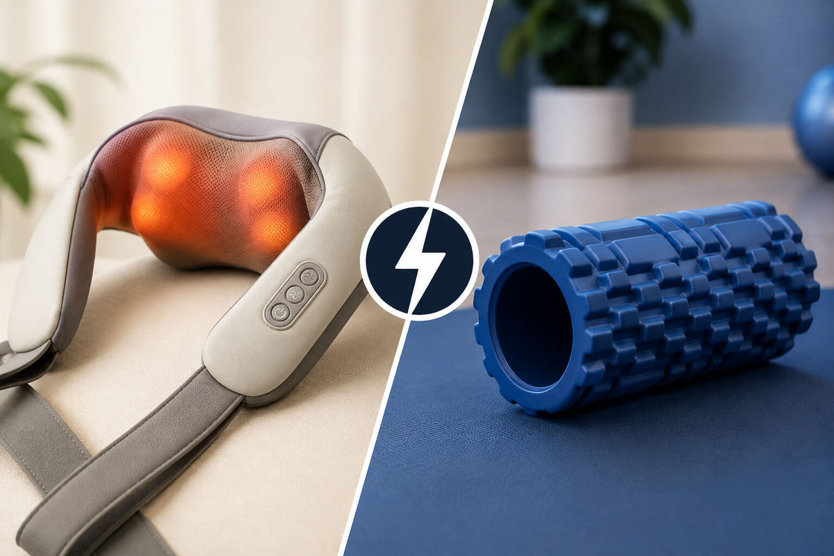 Heated neck massager and blue foam roller shown side by side for comparison.