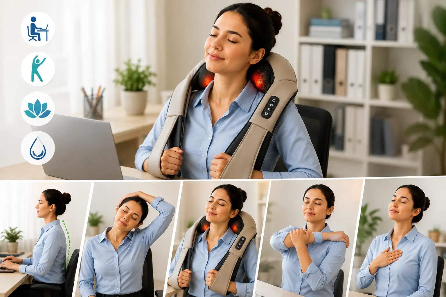 Best Neck & Shoulder Relief Routine for Desk Workers featuring a woman using a beige neck and shoulder massager with black controls
