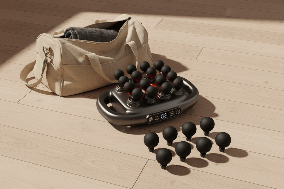 Jarixo Percussion Massage Gun with 16 heads and 30 intensity levels — ideal for muscle recovery after workouts