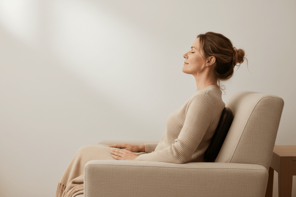 Jarixo heated lumbar massage pillow fitted to an office chair in soft daylight