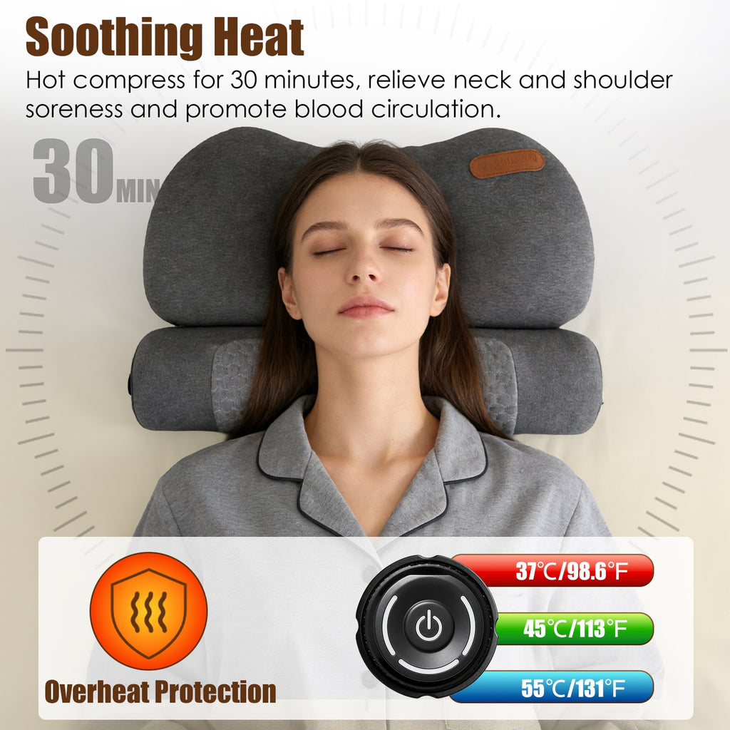 Woman using a heating pad with text about soothing heat and temperature control.