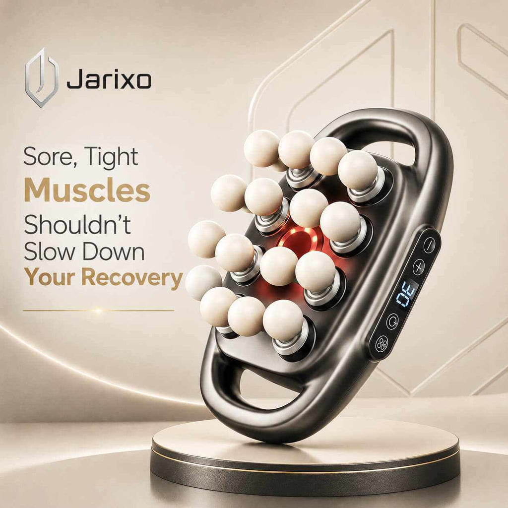 16 head massage gun in dark gray plastic with rows of round white massage nodes, two handles and illuminated controls
