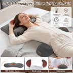 Woman using a 3-IN-1 Massager Pillow for Back Pain on a bed.