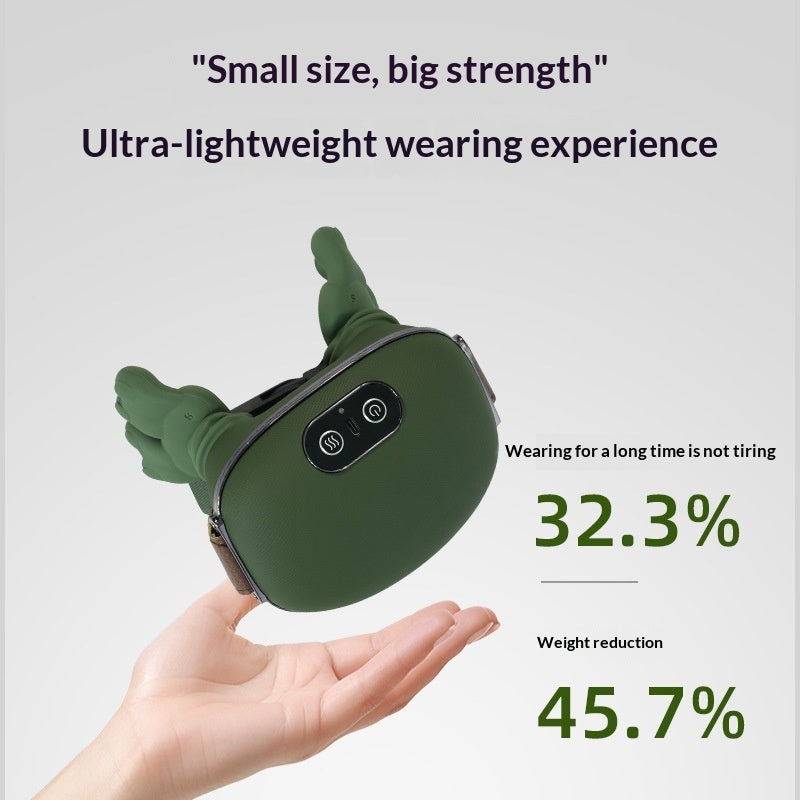 Green handheld device held in a hand with text highlighting its small size, big strength, and lightweight wearing experience.