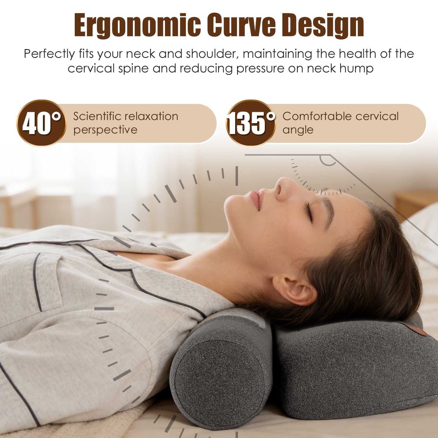 Person lying on an ergonomic curve design pillow with text highlighting its benefits.