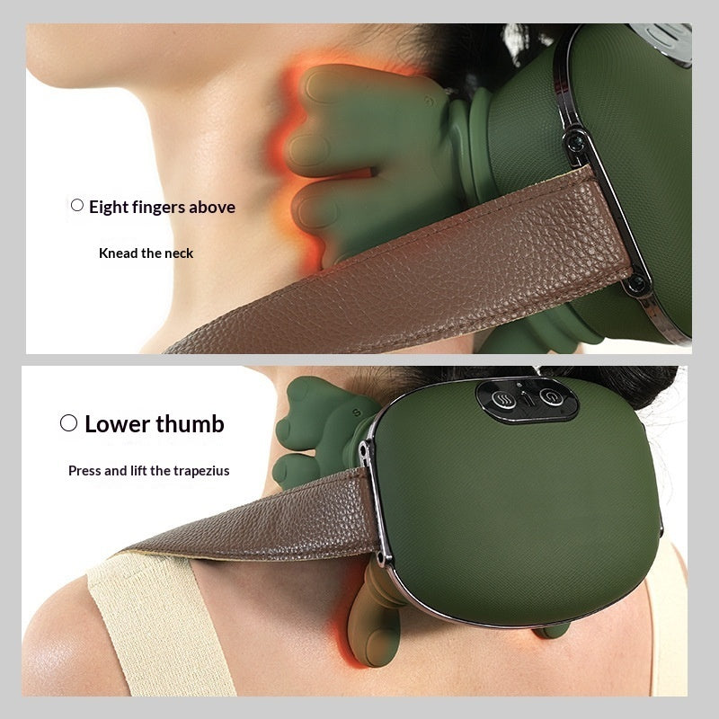 Massage device being used on a person's neck with instructions displayed.