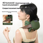 Woman using a green and brown 4D humanoid hand massage device on her neck and shoulders.
