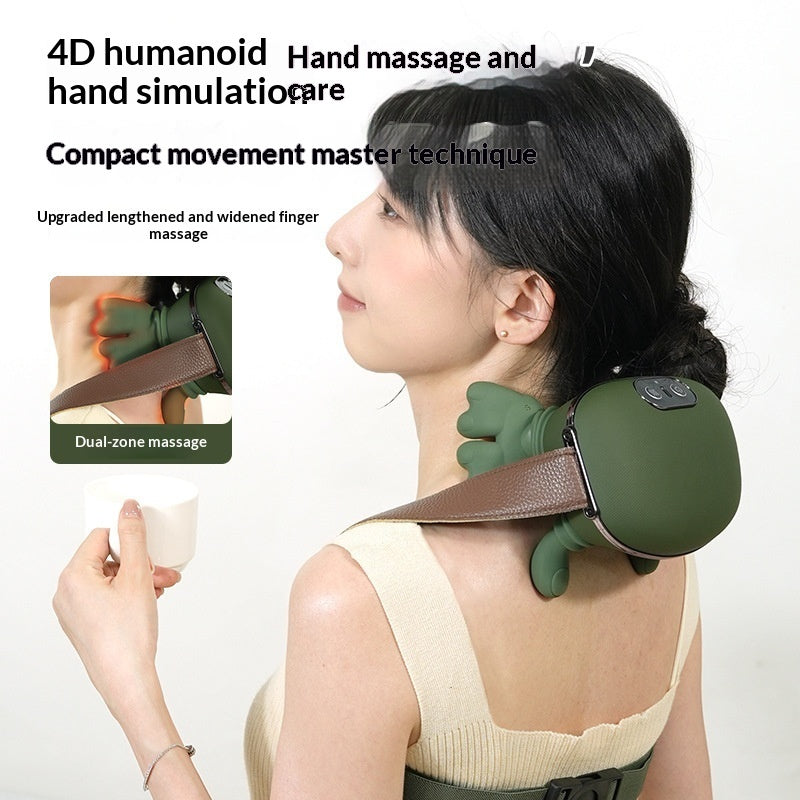 Woman using a green and brown 4D humanoid hand massage device on her neck and shoulders.