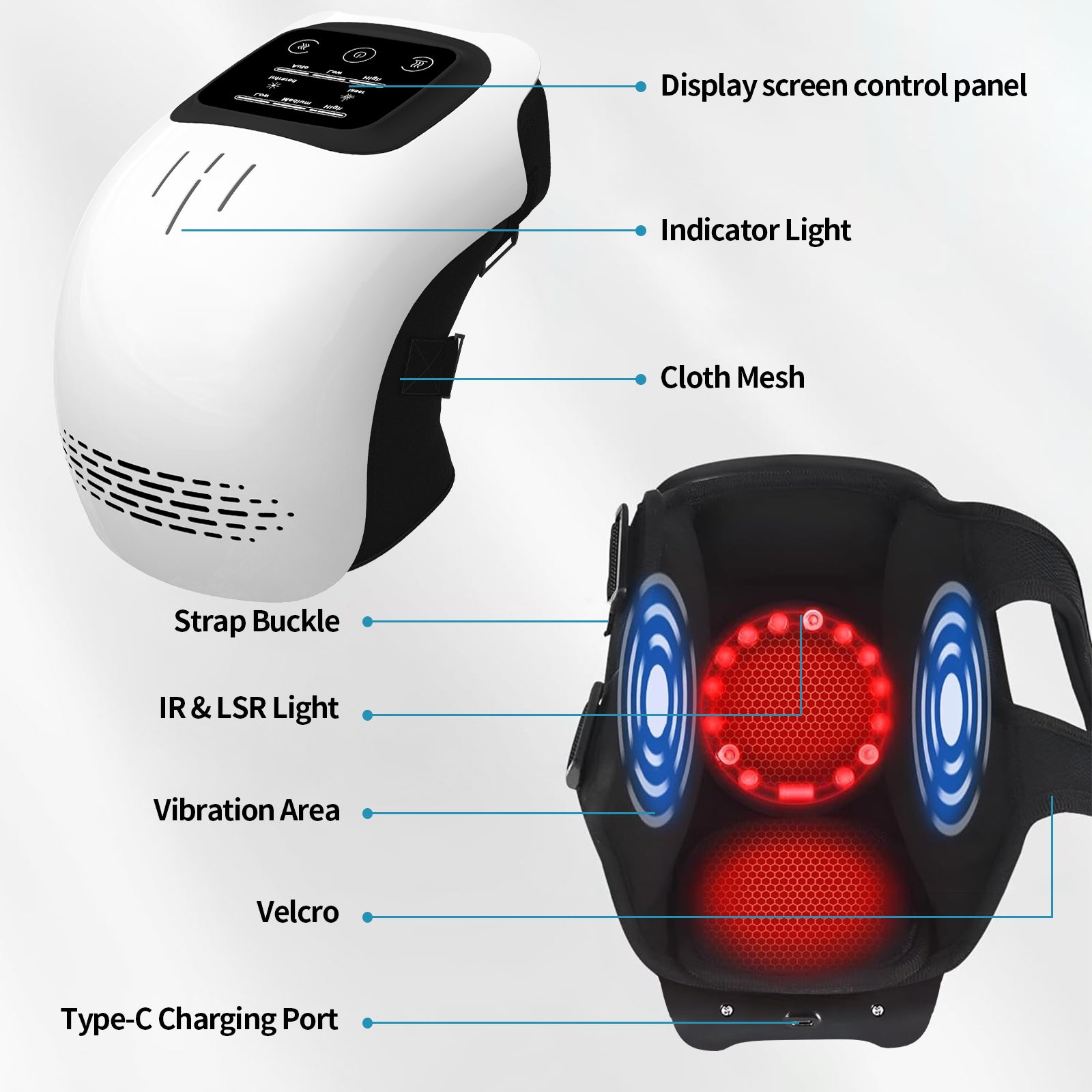 Technical diagram of a massage device with labeled parts on a white background