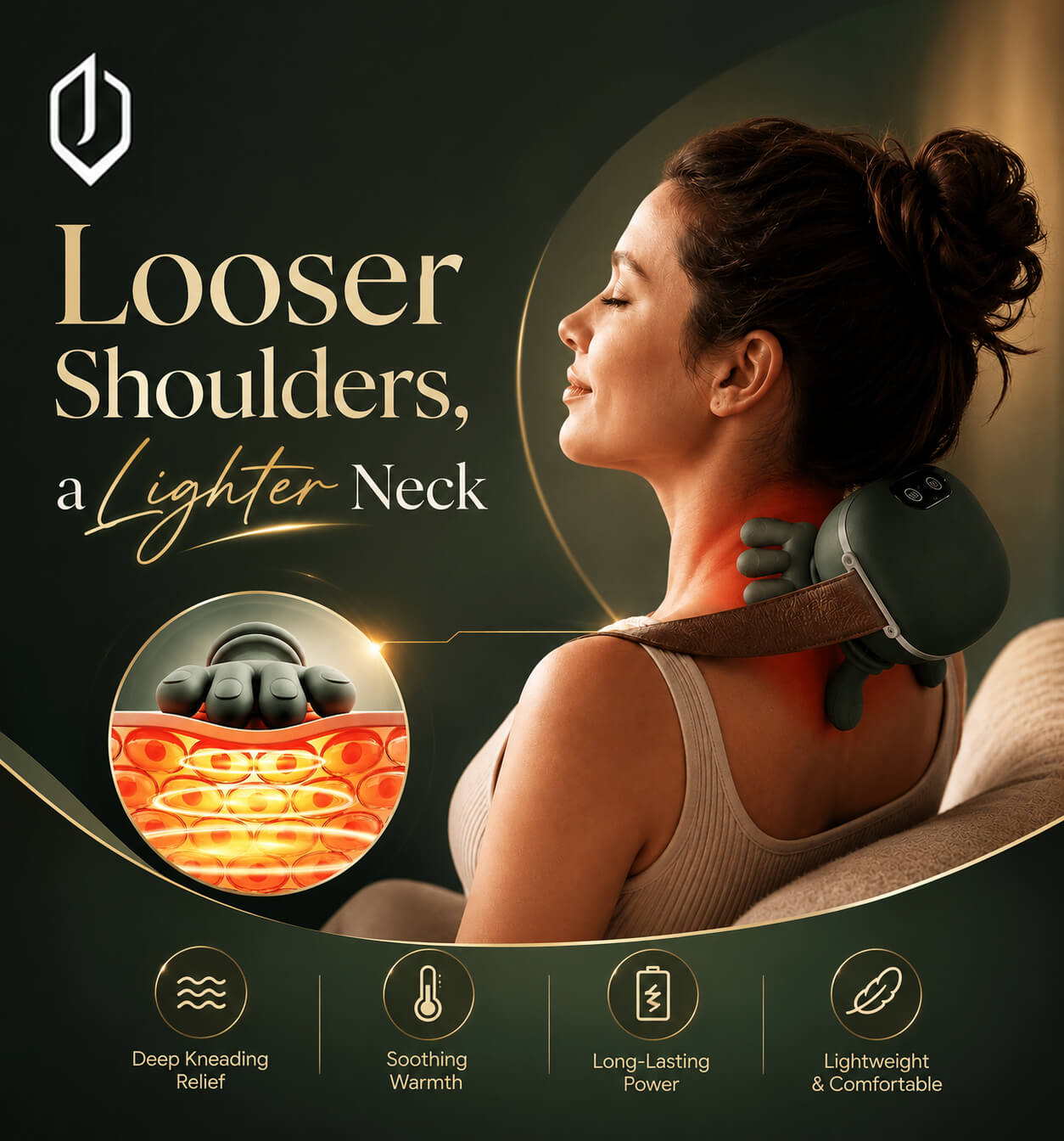 Person wearing Jarixo 4D neck and shoulder massager with relaxed, relieved expression
