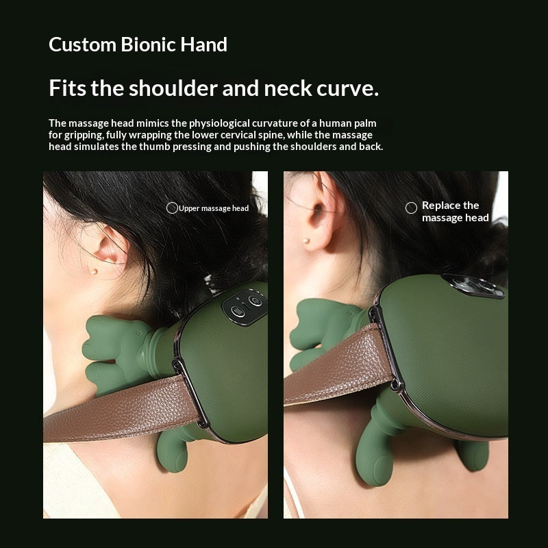 Green bionic hand massager worn around the neck with text describing its features.