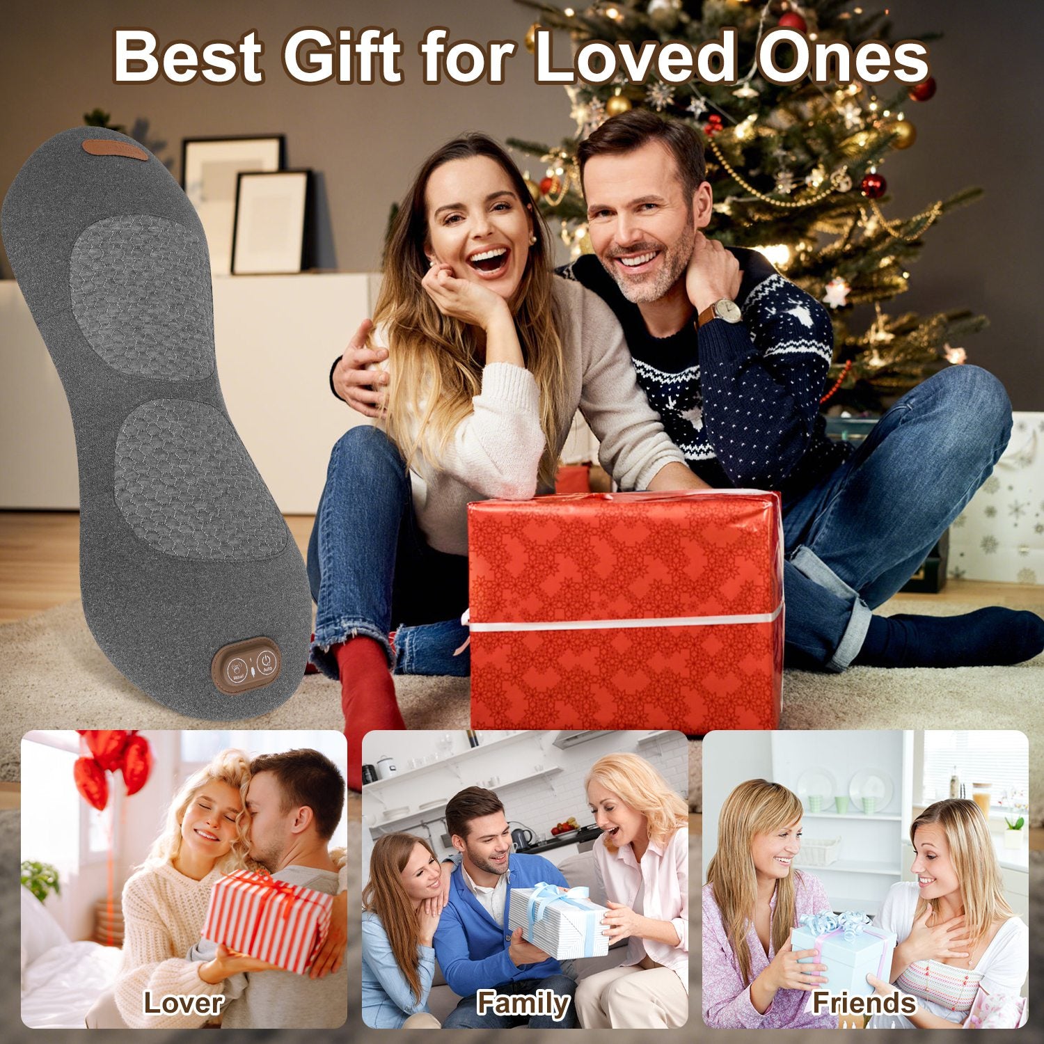 Couple opening a gift with text 'Best Gift for Loved Ones' and images of people with different relationships.