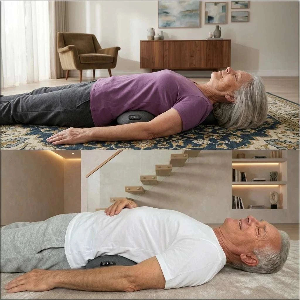 Back Massager with a black, curved padded support and control button, shown beneath users’ lower backs