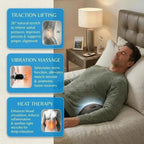 Back Massager with a curved black support under a reclining man, featuring traction, vibration massage and heat therapy.