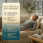 Back Massager with a curved dark fabric support rests across a person’s lower back as they recline on a sofa