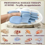 cordless hand massager in white plastic with blue padded compression sections, shown around a hand with finger and wrist coverage