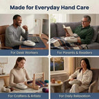 Cordless hand massager in a white, rounded plastic design shown being used by desk workers, readers, crafters and at home