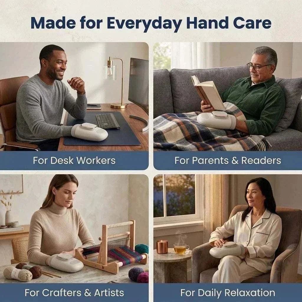 Cordless hand massager in a white, rounded plastic design shown being used by desk workers, readers, crafters and at home