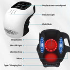 Cordless knee massager with a white faux-leather control unit, black mesh wrap, screen, indicator lights and Velcro straps.