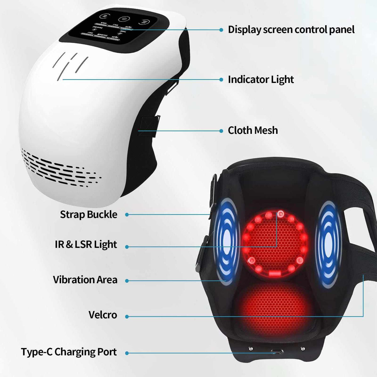 Cordless knee massager with a white faux-leather control unit, black mesh wrap, screen, indicator lights and Velcro straps.