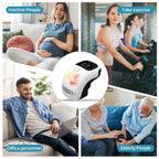 White cordless knee massager with a smooth plastic shell, black control panel and red heat or vibration graphic.