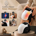 Cordless knee massager in white faux leather, featuring a black control panel, adjustable wrap and heated vibration design.