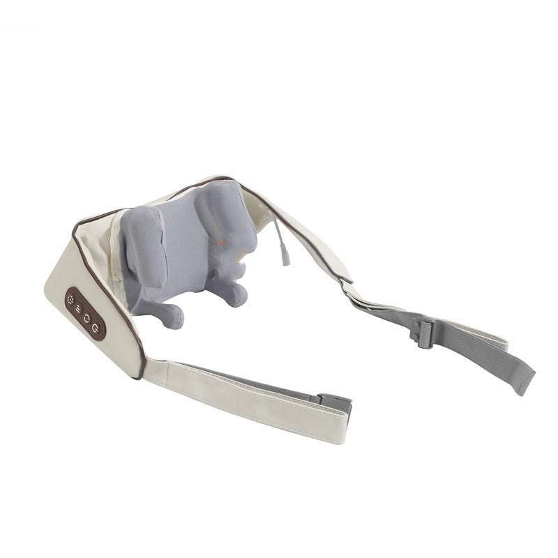cordless neck and shoulder massager in beige fabric with a grey kneading unit, arm loops and side controls