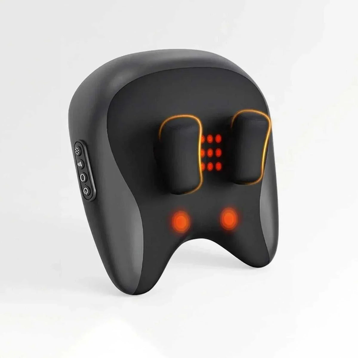 Cordless shiatsu neck massager in black plastic with orange-trimmed kneading nodes, heat indicators and side controls Main image