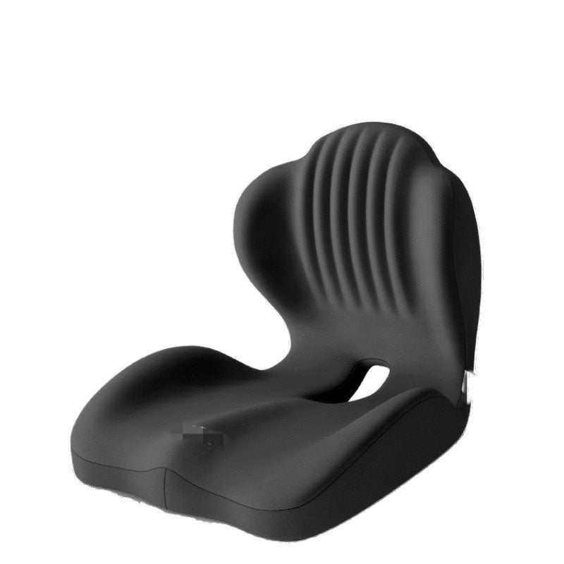 ergonomic seat cushion in black with a contoured seat, raised ribbed back support and central cutout