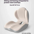 Ergonomic seat cushion in pale blush and grey, with a contoured seat base and integrated ribbed back support
