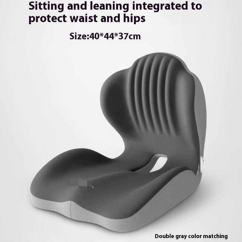 Ergonomic seat cushion in dark and light gray with contoured seat, raised ribbed back support and center opening