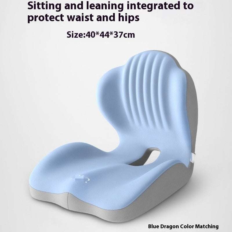 ergonomic seat cushion in light blue memory foam with a contoured seat, raised sides and ribbed back support