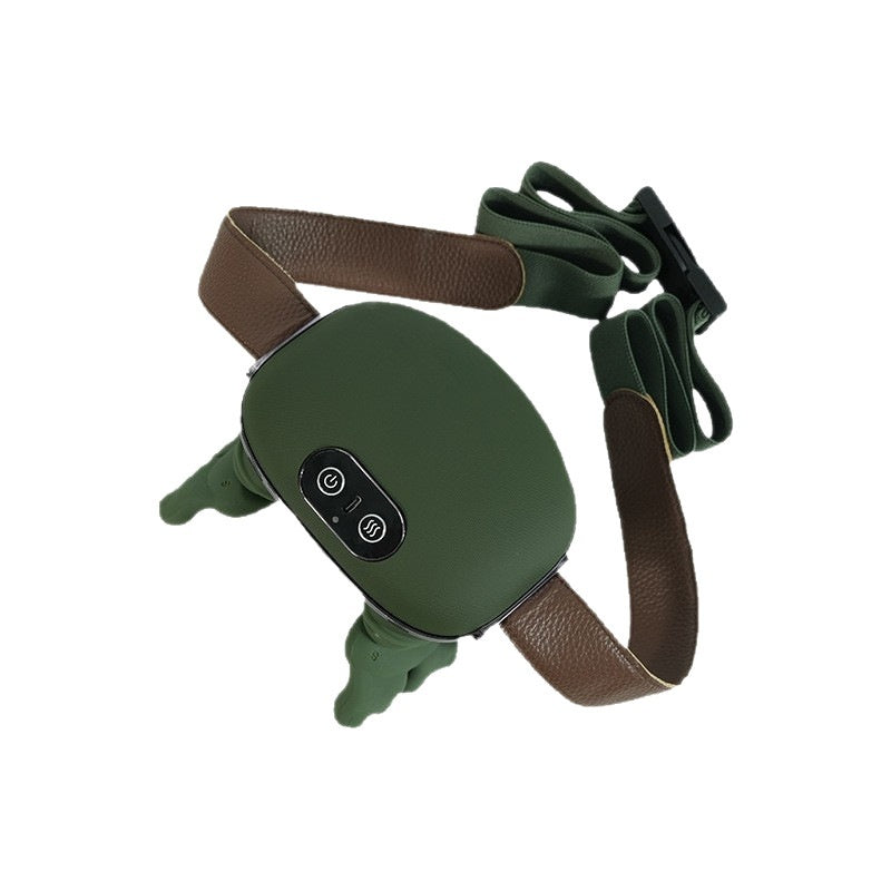 Green electronic device with brown strap on a white background