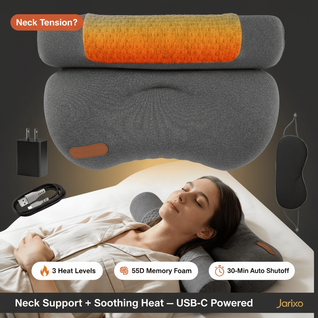 Neck support pillow with USB-C power cable and woman using it, featuring Jarixo branding.