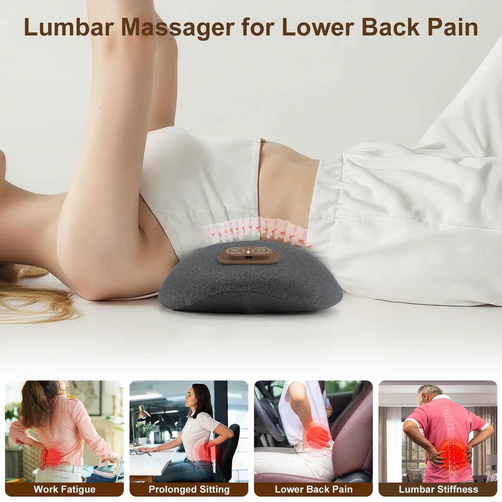 Jarixo 3 in 1 back massager for lower back pain with a person using it, shown in various scenarios.