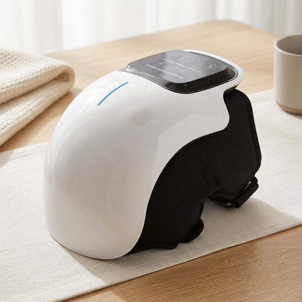Jarixo cordless heated knee massager with kneading and vibration wrapped around a knee for joint pain relief