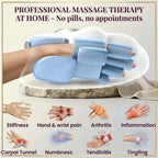 Massage therapy jarixo hand massager being used on a person's hand, shown with promotional text at the top and symptom icons for stiffness, wrist pain, arthritis, inflammation, carpal tunnel, numbness, tendinitis, and tingling at the bottom.