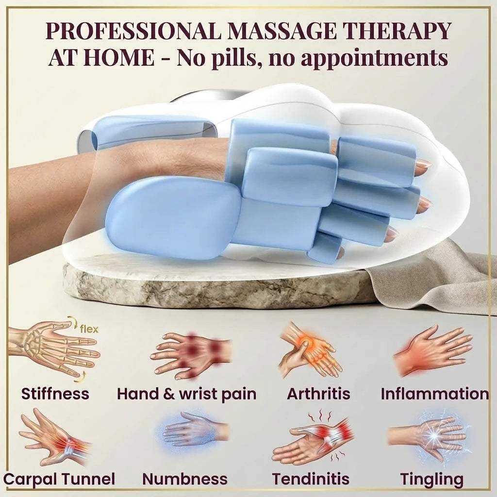 Massage therapy jarixo hand massager being used on a person's hand, shown with promotional text at the top and symptom icons for stiffness, wrist pain, arthritis, inflammation, carpal tunnel, numbness, tendinitis, and tingling at the bottom.