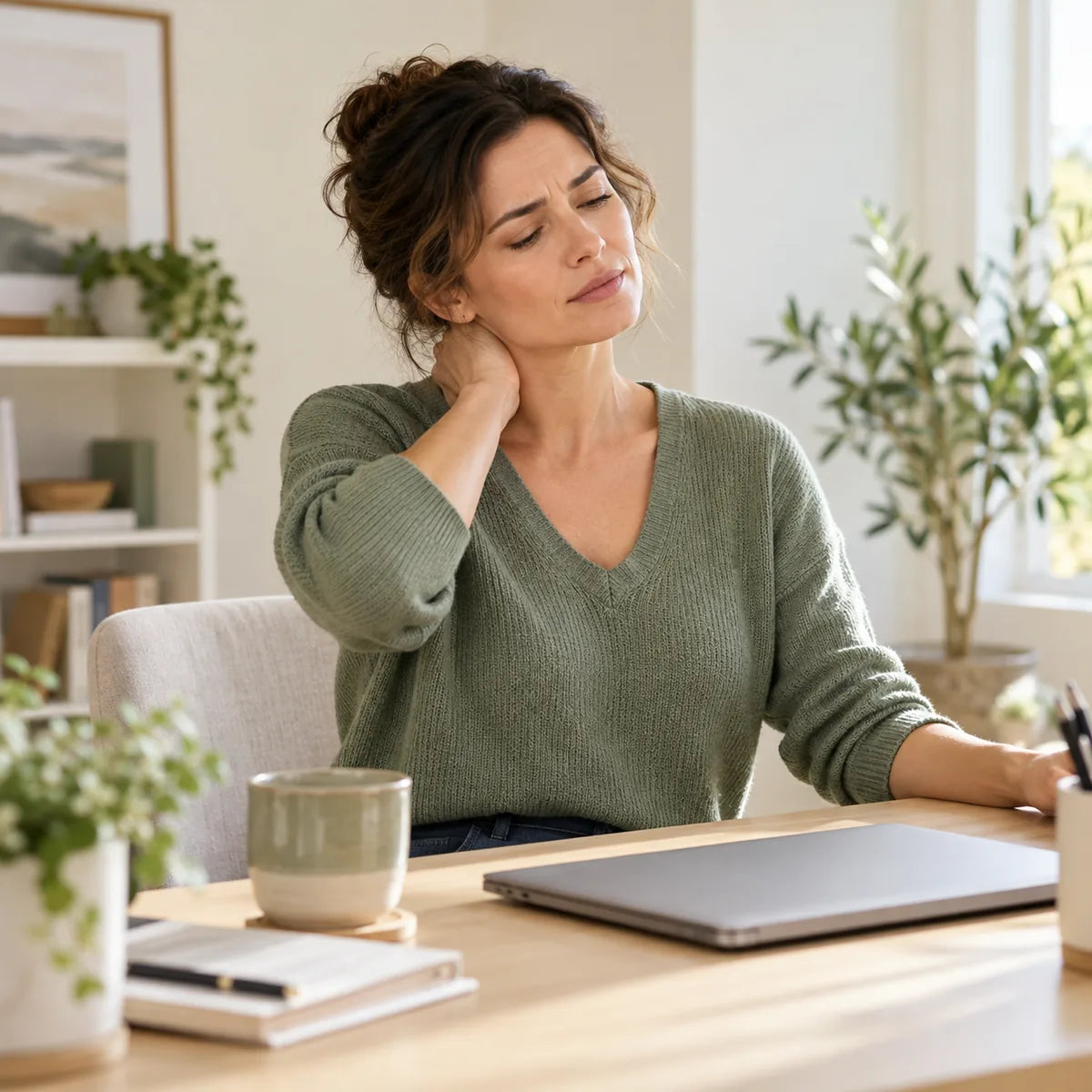 Illustrative lifestyle scene of a woman rubbing her neck after closing her laptop.