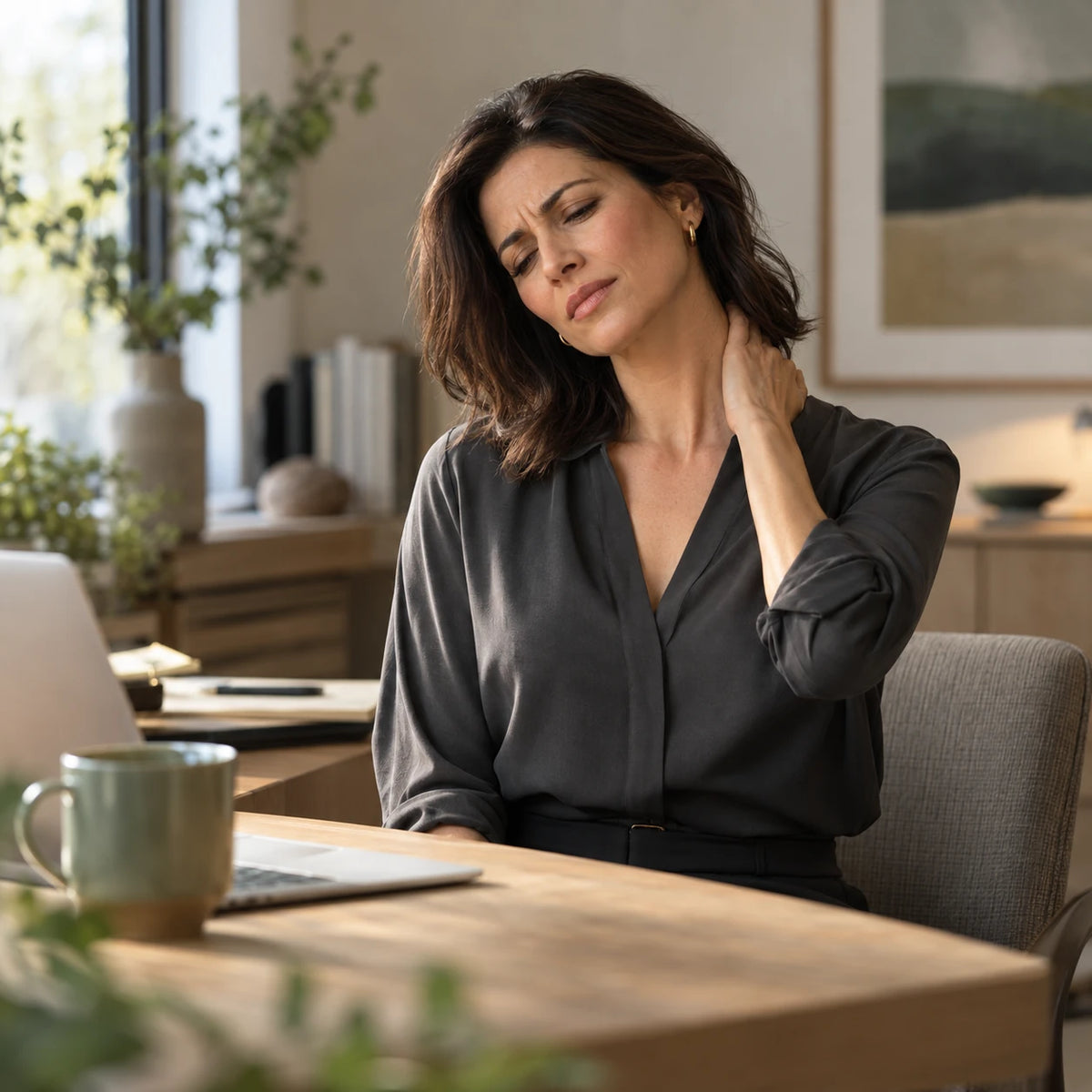 Professional woman tilting her head and rubbing her neck at a modern desk, with a laptop and coffee cup nearby.