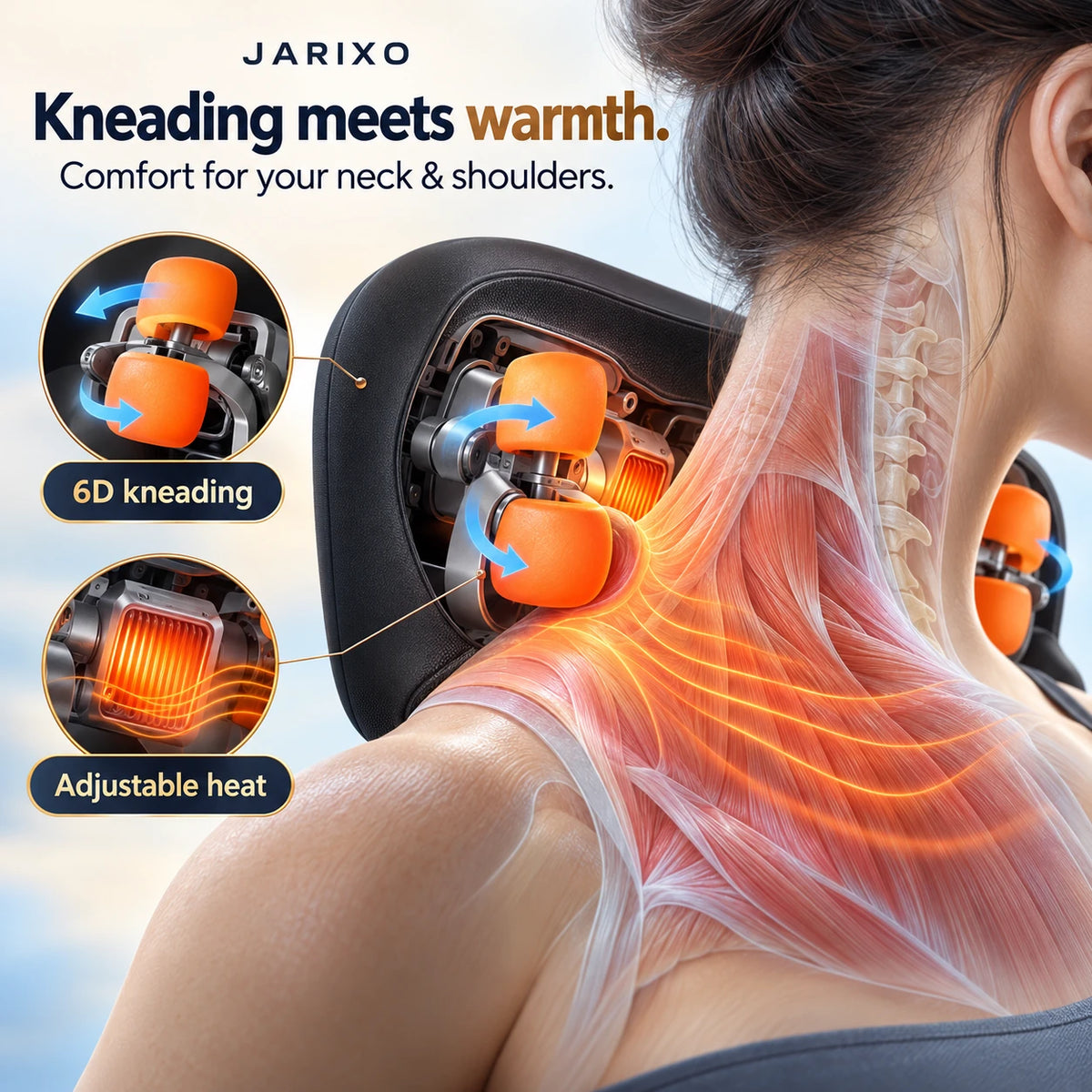 Jarixo neck and shoulder massage infographic with an anatomical neck view, blue kneading arrows, warmth overlay, product inset, and wireless remote.