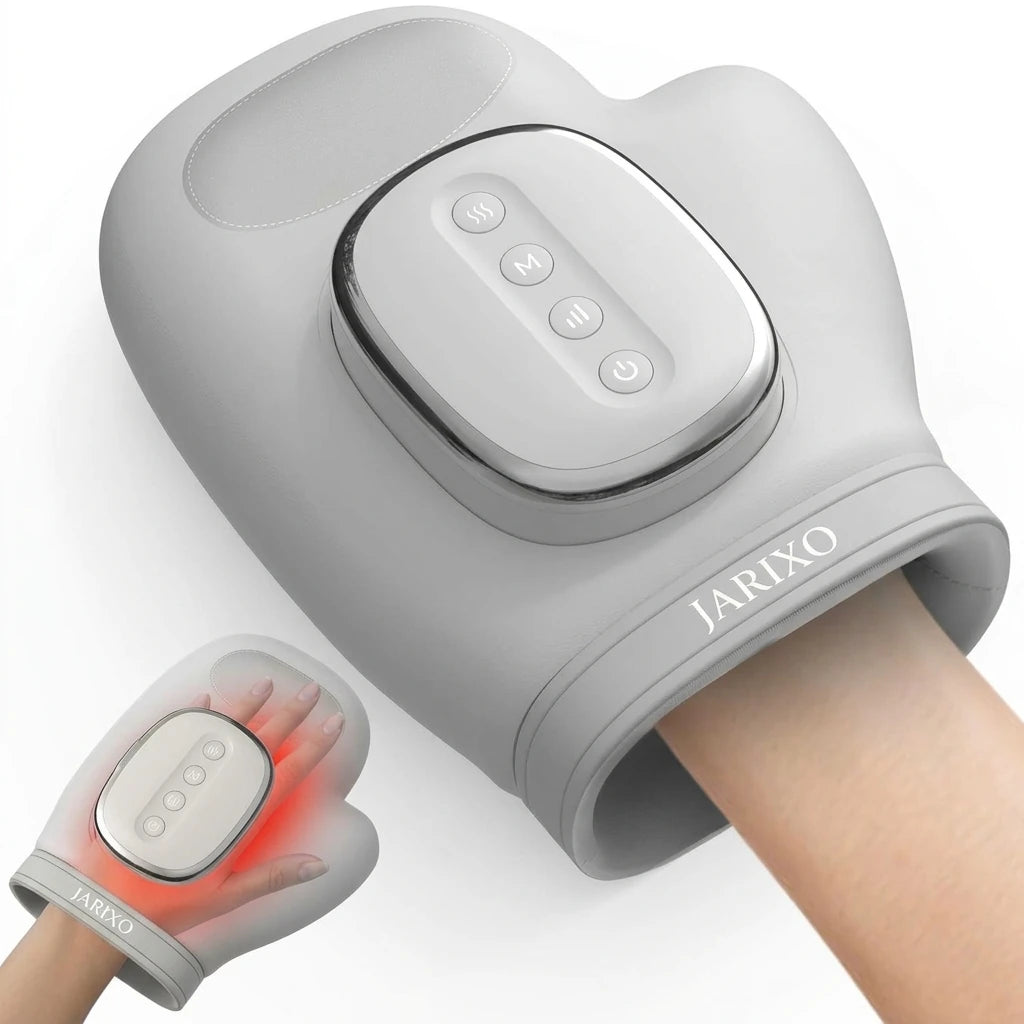 A gray JARIXO hand massager shown worn on a person's arm, with a smaller inset showing the hand area illuminated in red. The product has a smooth matte gray finish, a central control panel with buttons, and the JARIXO brand name printed on the cuff.