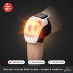 Knee brace with glowing interior, labeled for knee pain relief, on a dark background.