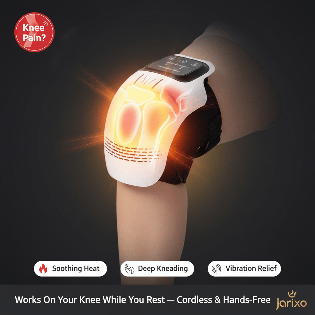 Knee brace with glowing interior, labeled for knee pain relief, on a dark background.