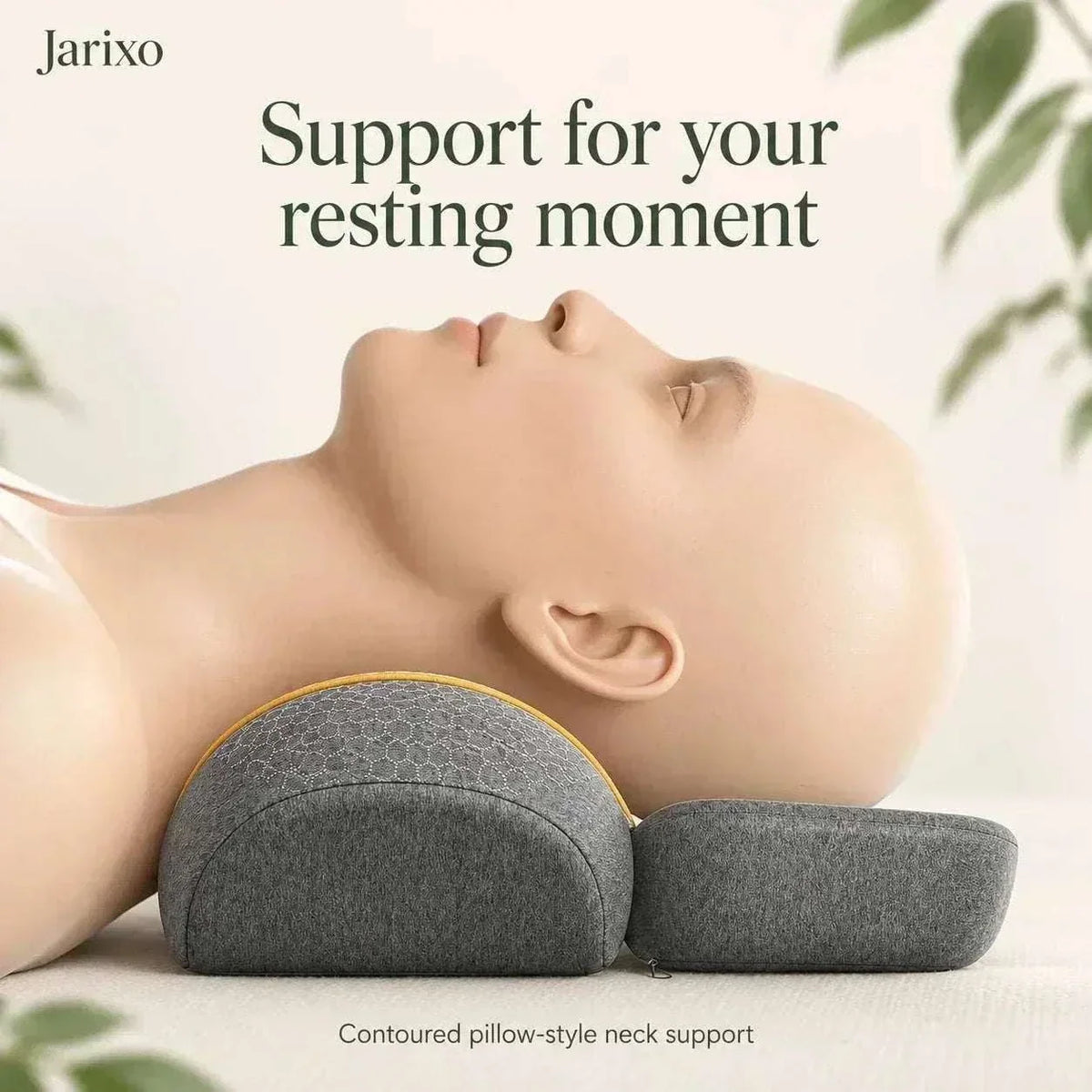 neck massager pillow in dark grey textured fabric with a rounded, contoured shape and yellow edging